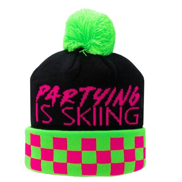 Accessories - Unisex Black Fluorescent Green & Pink Knit Ski Winter Beanie Hat w/ Pom Pom